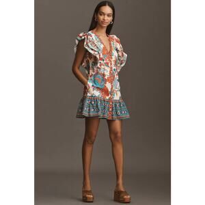 New Farm Rio x Anthropologie Ruffle-Sleeve Mini Dress $228 LARGE Ivory